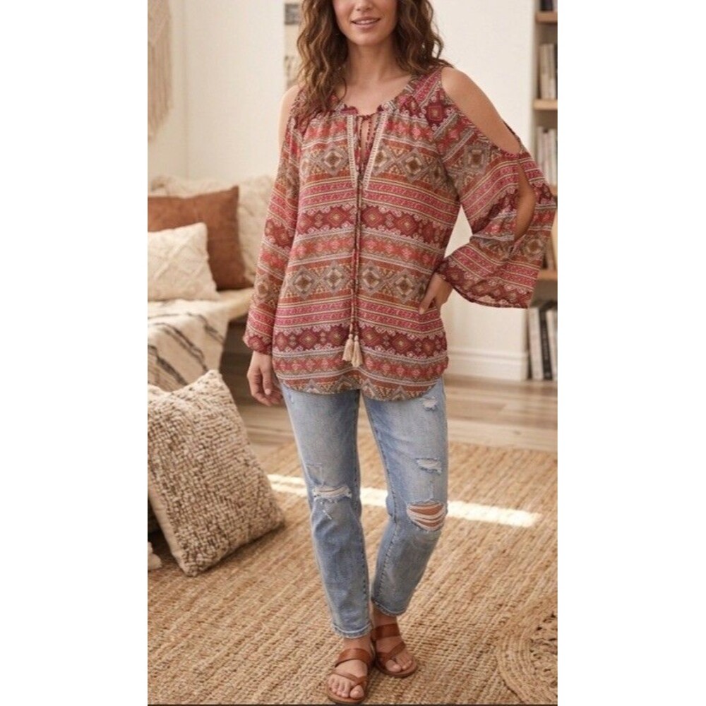 Black Rainn Boho Sheer Cold Shoulder Top Size S Geometric Tribal Tassel Blouse